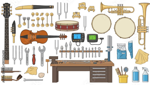 Comprehensive collection of musical instruments, specialized tools, and workshop equipment meticulously arranged for professional repair, maintenance, and expert tuning services