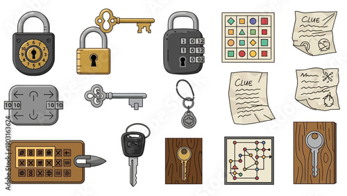 A graphic set featuring diverse security locks, assorted keys, and engaging puzzle elements. Perfect for illustrating problem-solving, access, and mystery concepts in game design