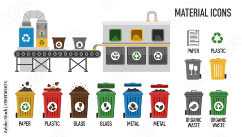 Industrial recycling process illustration featuring waste sorting machinery and color-coded bins for efficient material recovery and environmental sustainability