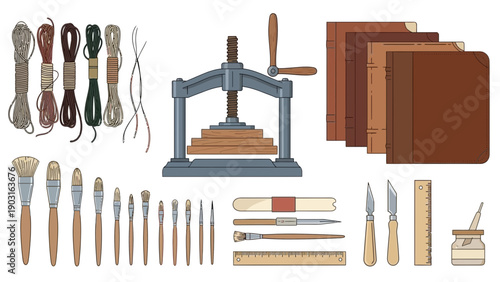 Comprehensive Collection of Traditional Bookbinding and Artistic Craft Tools An Array of Supplies for Handmade Creations and Creative Projects