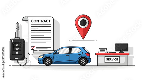 Concept illustration of vehicle ownership, rental, or service, featuring a modern car, contract document, car keys, location marker, and customer service desk
