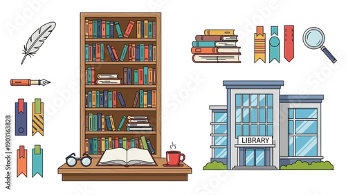 Engaging vector illustration set featuring a cozy library, a book-filled shelf, reading desk, and academic essentials, perfect for educational content and knowledge exploration