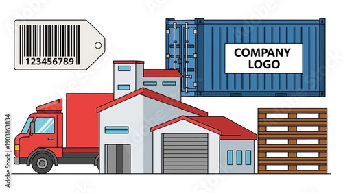 Streamlined global logistics concept with truck, warehouse, container, and barcode for efficient supply chain management and freight delivery operations