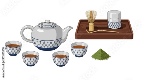 Artistic Illustration of a Classic Matcha Green Tea Brewing Kit Featuring Teapot, Cups, Tray, and Bamboo Whisk for a Serene Experience