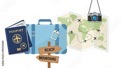 Flat illustration of travel essentials passport, suitcase, camera, and world map, charting routes for dream vacations to beach and mountain destinations