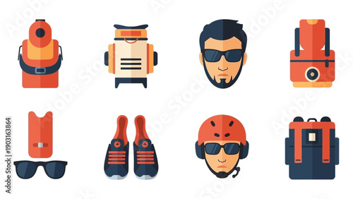 Comprehensive vector illustration set featuring flat design icons of essential outdoor adventure and survival equipment, including modern gear, tools, and accessories for expeditions