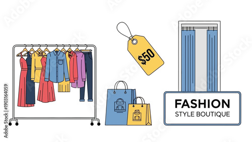 Dynamic fashion retail illustration showcasing a clothing rack, shopping bags, a price tag, and a changing room, perfect for modern style, boutique, and shopping concepts