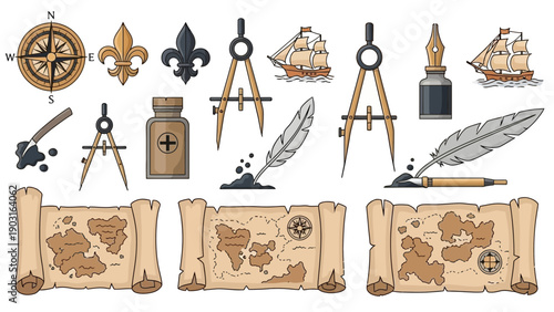 Vintage Navigation and Exploration Tools Collection Antique Maritime Objects, Old Treasure Maps, and Adventurous Journey Symbols Vector Illustration Set