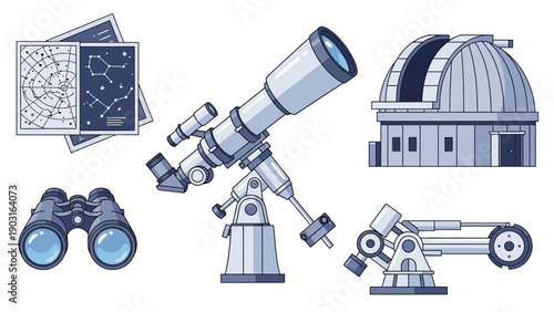 Set of essential astronomical equipment and tools for stargazing, including a professional telescope, observatory, binoculars, and celestial star charts