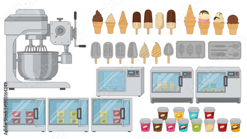 Essential ice cream production set stand mixer for bases, diverse cones, popsicles, and display freezers. Everything needed for making and serving refreshing sweet treats