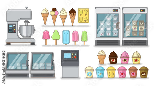 Comprehensive Set of Ice Cream Shop Elements Modern Mixer, Display Freezers, Cones, Popsicles, and Flavorful Dessert Tubs for Production and Service