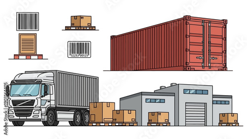 Modern logistics vector set cargo trucks, containers, warehouse, parcels, barcodes. Dynamic global supply chain and efficient freight distribution visualized