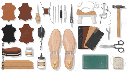 Comprehensive flat lay collection of traditional shoemaking tools and leather craft materials, essential for artisanal footwear production and repair workshops