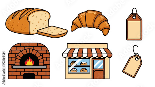 Assortment of fresh baked goods, traditional brick oven, and charming bakery shop illustration set with blank labels for pricing or branding