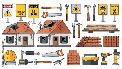 Construction and Repair Kit Damaged buildings, essential tools, safety signs, and materials like bricks and wood planks for renovation and disaster recovery projects