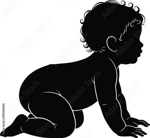 Black Silhouette Vector Illustration of a Cute Baby Crawling for Childhood Development, Parenting Blogs, Pediatric Care, New Born Growth and Early Learning Concepts