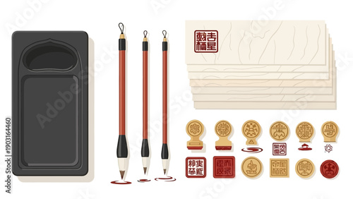 Traditional Asian Calligraphy Tools Collection Authentic Ink Brushes, Grinding Stone, Aged Paper, and Cultural Seals for Artistic Expression