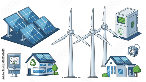 Diverse Renewable Energy Solutions Vector Illustration Set Featuring Solar Panels, Wind Turbines, and Sustainable Eco-Friendly Homes for a Green Future