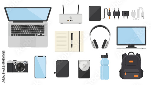 Comprehensive overhead flat lay of modern technology devices and travel essentials for a connected, productive, and versatile lifestyle setup