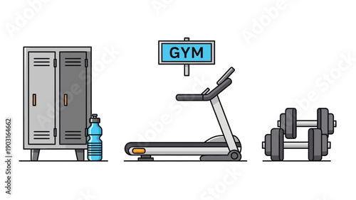 Vibrant vector illustration featuring a modern gym setup with a locker, a fitness treadmill, and dumbbells, symbolizing health, workout, and an active lifestyle