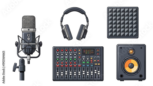 Comprehensive set of professional audio recording and music production equipment, featuring a studio microphone, headphones, mixer, speaker, and acoustic panel for high-quality sound engineering