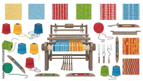 Engaging graphic presenting the world of textile creation, showcasing a classic loom, colorful threads, and an assortment of fabric designs that embody the art of weaving and craftsmanship