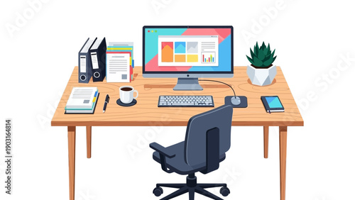 Modern minimalist home office workspace setup with computer, desk, and chair, optimized for remote work and digital productivity