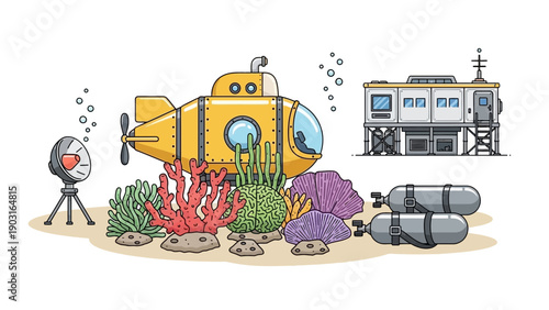 Captivating illustration of a yellow submarine exploring a vibrant coral reef, discovering a mysterious heart-shaped sensor near an advanced ocean research station