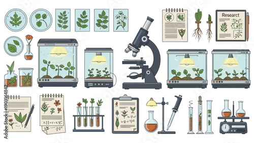 Illustration of Botany Laboratory Research Equipment for Plant Science Education and Biological Study Experiments. A diverse collection of tools for botanical study, plant growth, and education