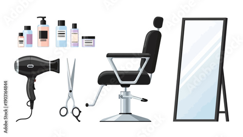 Collection of essential hairdressing tools and beauty salon equipment, featuring a professional chair, mirror, hairdryer, scissors, and various hair care products