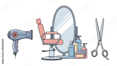Professional Hairdressing Salon Equipment. Set of modern styling tools hairdryer, adjustable chair, mirror, scissors, and hair care products for beauty