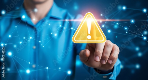 Man in blue shirt holds up warning sign with glowing exclamation mark amidst digital network connections