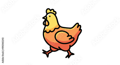 Charming cartoon chicken illustration walking with yellow and orange feathers on white background