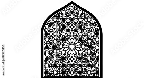 Gothic arch stained glass window with floral pattern and sunburst design isolated on transparent background