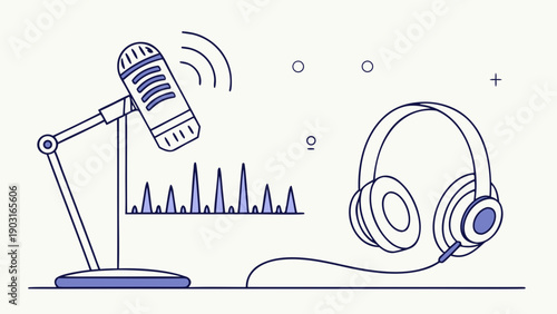 A blue line drawing of a microphone on a stand with sound waves and a pair of headphones