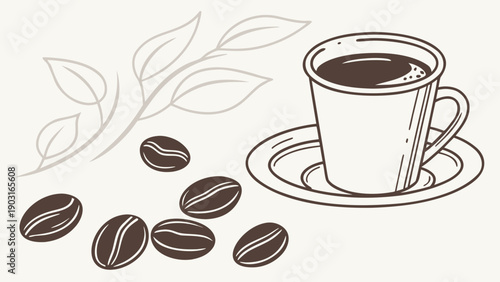 Brown coffee cup with saucer and coffee beans on beige background