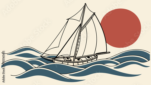 A serene sailboat on waves with a large red sun in the background illustration