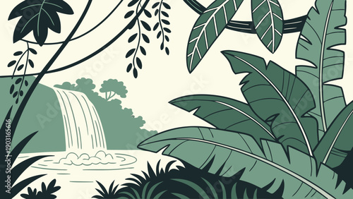 A serene illustration of a waterfall surrounded by lush greenery and tropical plants on a beige background