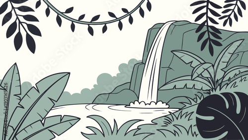 A serene jungle landscape with a waterfall cascading down a rocky cliff surrounded by lush greenery and tropical plants