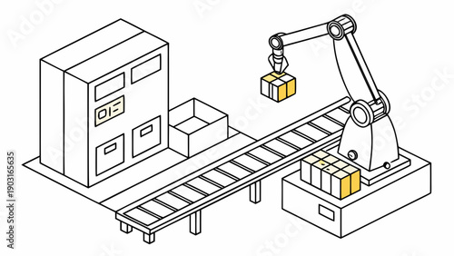 Industrial robotic arm picking boxes on a conveyor belt in a factory setting with machinery
