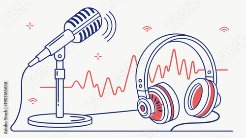 Microphone and headphones with sound wave on for podcasting