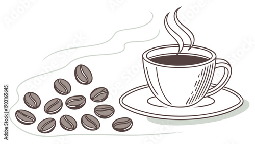 A steaming cup of coffee on a saucer with coffee beans nearby in a simple line drawing style