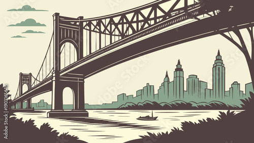Vintage illustration of a large suspension bridge over a river with a city skyline in the background at sunset