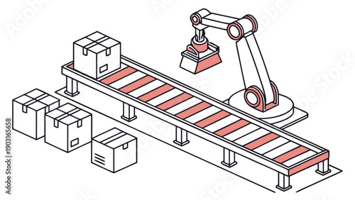 A robotic arm picking up a box on a conveyor belt with other boxes nearby in a factory setting with red and white stripes