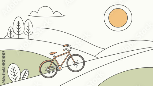 A brown bicycle riding on a winding road through green hills and trees under a sunny sky