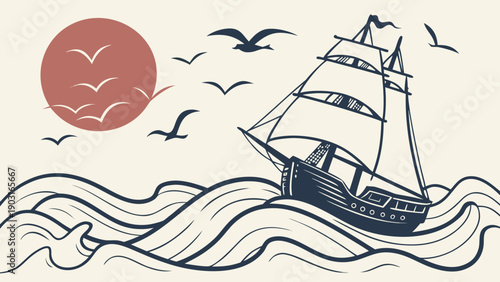 Vintage sailing ship on waves with birds flying around sun on horizon