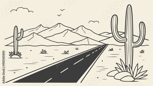 A black and white line drawing of a desert road with cacti and mountains