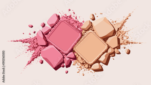 Top-down illustration of crushed cosmetic powder in shades of pink and beige, showing texture and loose particles suitable for beauty and makeup backgrounds.