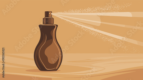 Illustration of a dark brown spray bottle dispensing a fine mist, suitable for tanning spray, setting spray, or perfume product visualization in beauty.