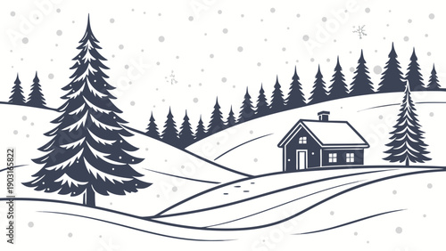 A serene winter landscape with a house and pine trees on a snowy hill